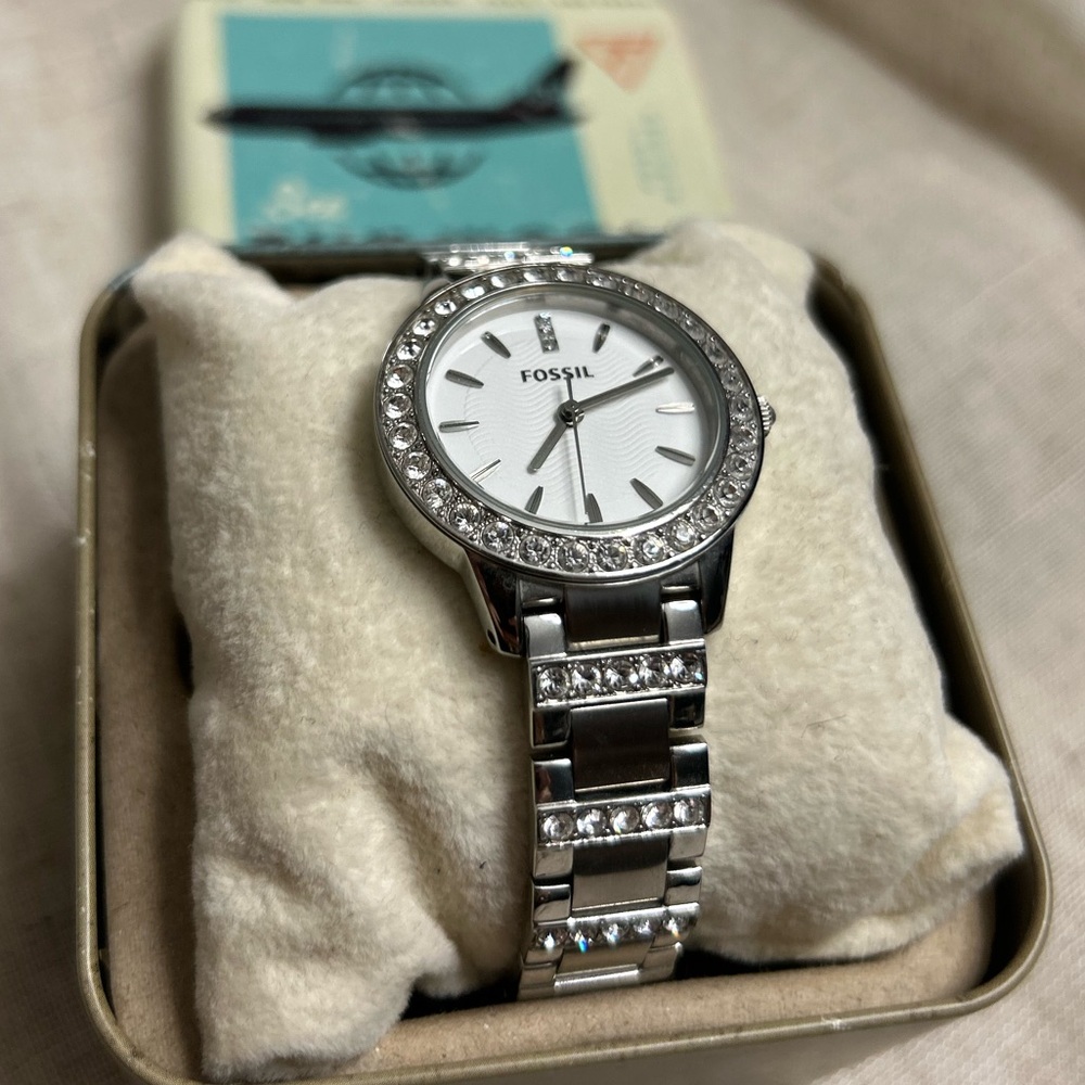 Fossil Crystal-Embellished Stainless Steel Silver Watch